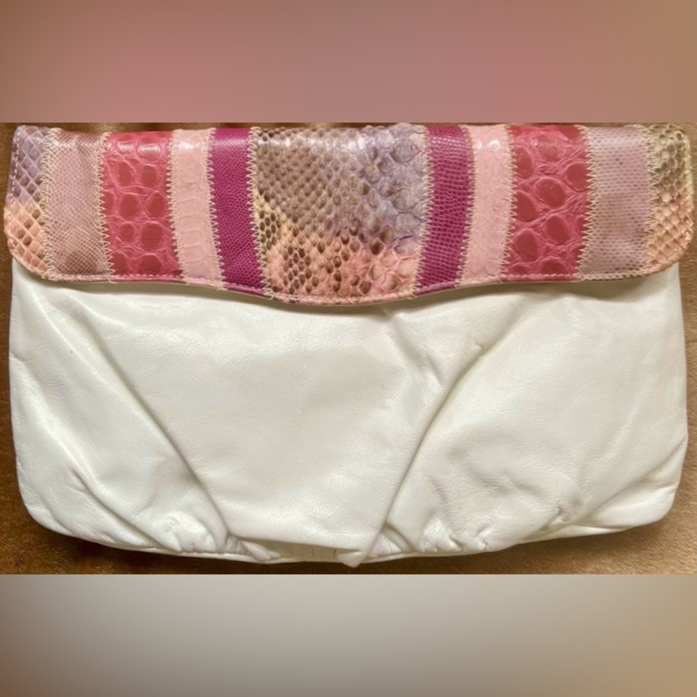 Vintage Margolin White and Pink Leather and Snake Skin Clutch Bag